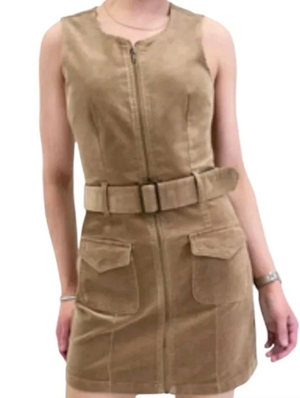 Rewash Corduroy Utility Mini Dress Tan Belted Full Zip Pockets Cargo XS